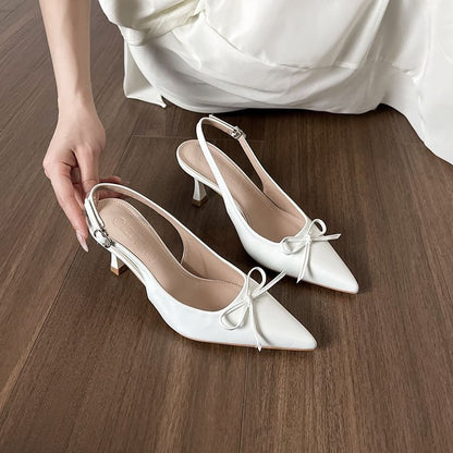 Slingback Bow Heel Plain Sandals High Pointy