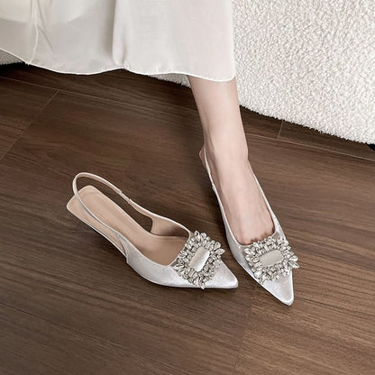Pointy Plain Heel High Slingback Rhinestone Sandals