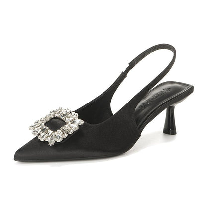 Pointy Plain Heel High Slingback Rhinestone Sandals