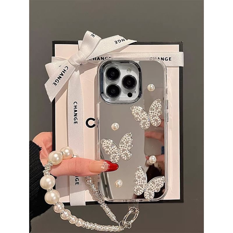 / Set Pearl Phone Butterfly Faux Mirrored Case Strap