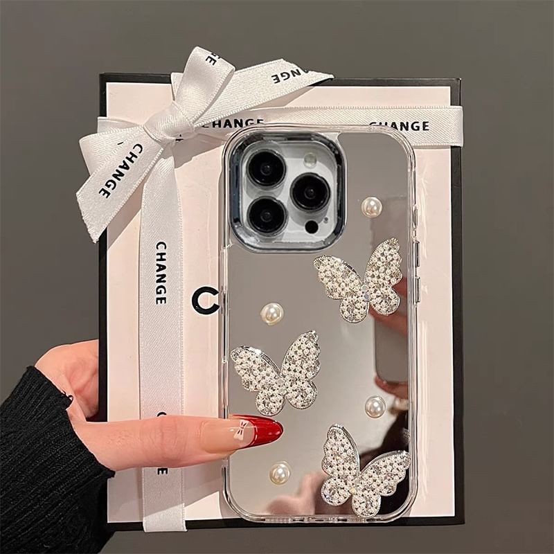 / Set Pearl Phone Butterfly Faux Mirrored Case Strap
