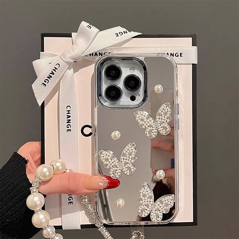 / Set Pearl Phone Butterfly Faux Mirrored Case Strap