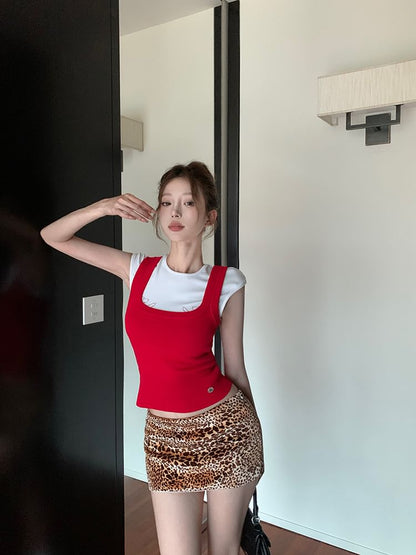 Tee Rise Round Print Mini Dog Tank Pencil Skirt Low Knit Top Cap Sleeve Plain / Leopard Neck Square