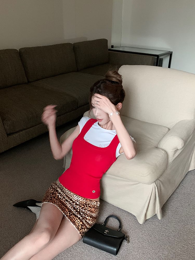 Tee Rise Round Print Mini Dog Tank Pencil Skirt Low Knit Top Cap Sleeve Plain / Leopard Neck Square