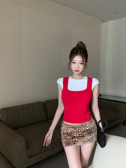 Tee Rise Round Print Mini Dog Tank Pencil Skirt Low Knit Top Cap Sleeve Plain / Leopard Neck Square