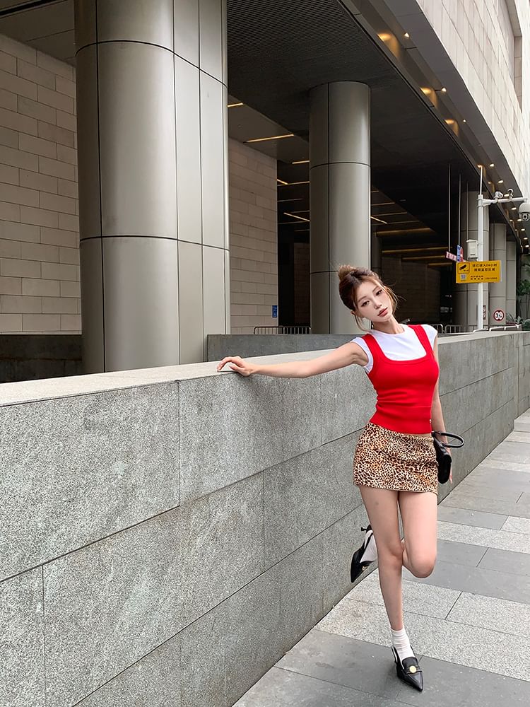 Tee Rise Round Print Mini Dog Tank Pencil Skirt Low Knit Top Cap Sleeve Plain / Leopard Neck Square