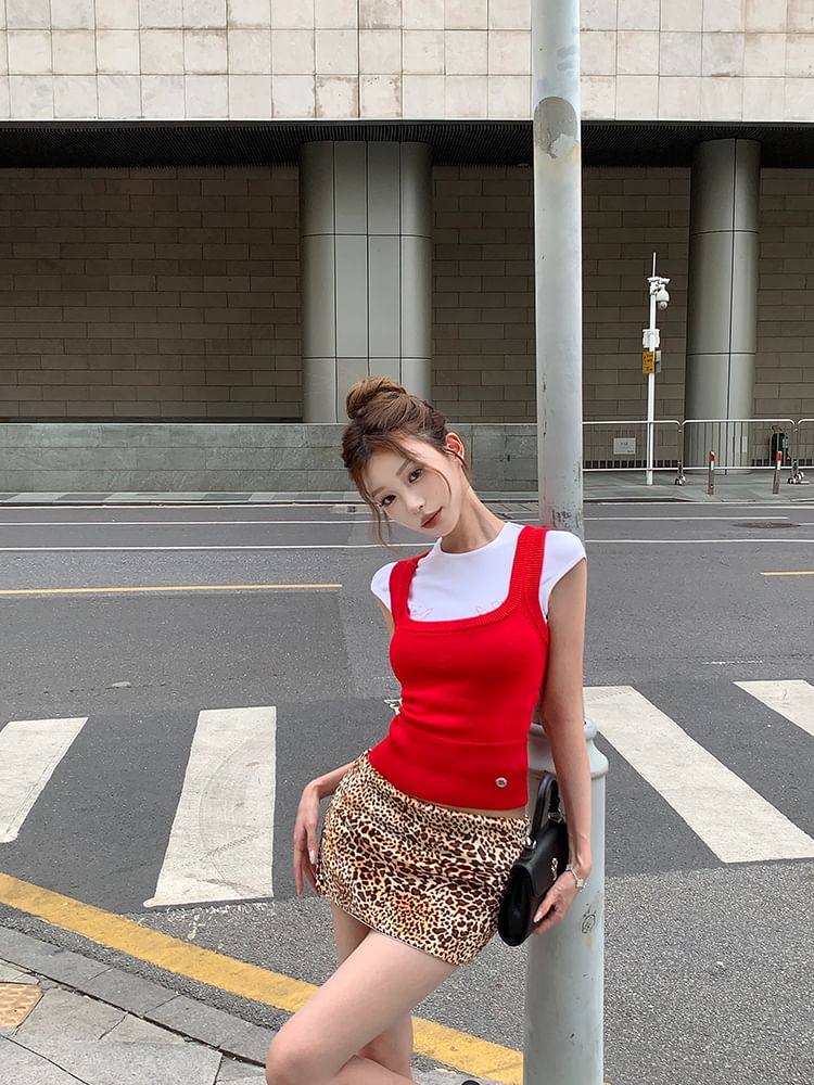 Tee Rise Round Print Mini Dog Tank Pencil Skirt Low Knit Top Cap Sleeve Plain / Leopard Neck Square