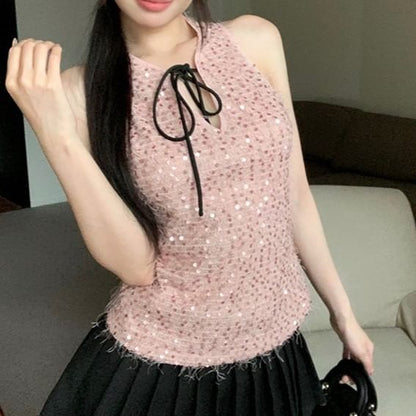 Tie Neck Sleeveless Top Sequin