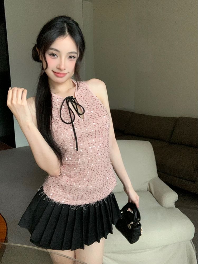 Tie Neck Sleeveless Top Sequin