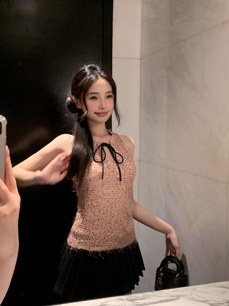 Tie Neck Sleeveless Top Sequin