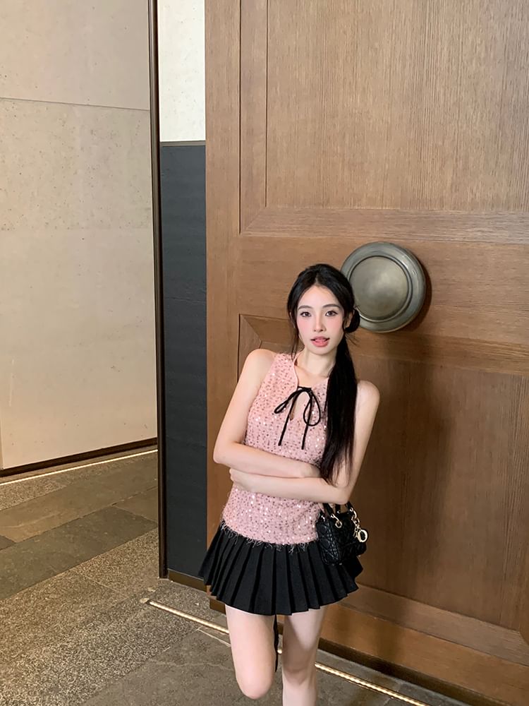 Tie Neck Sleeveless Top Sequin