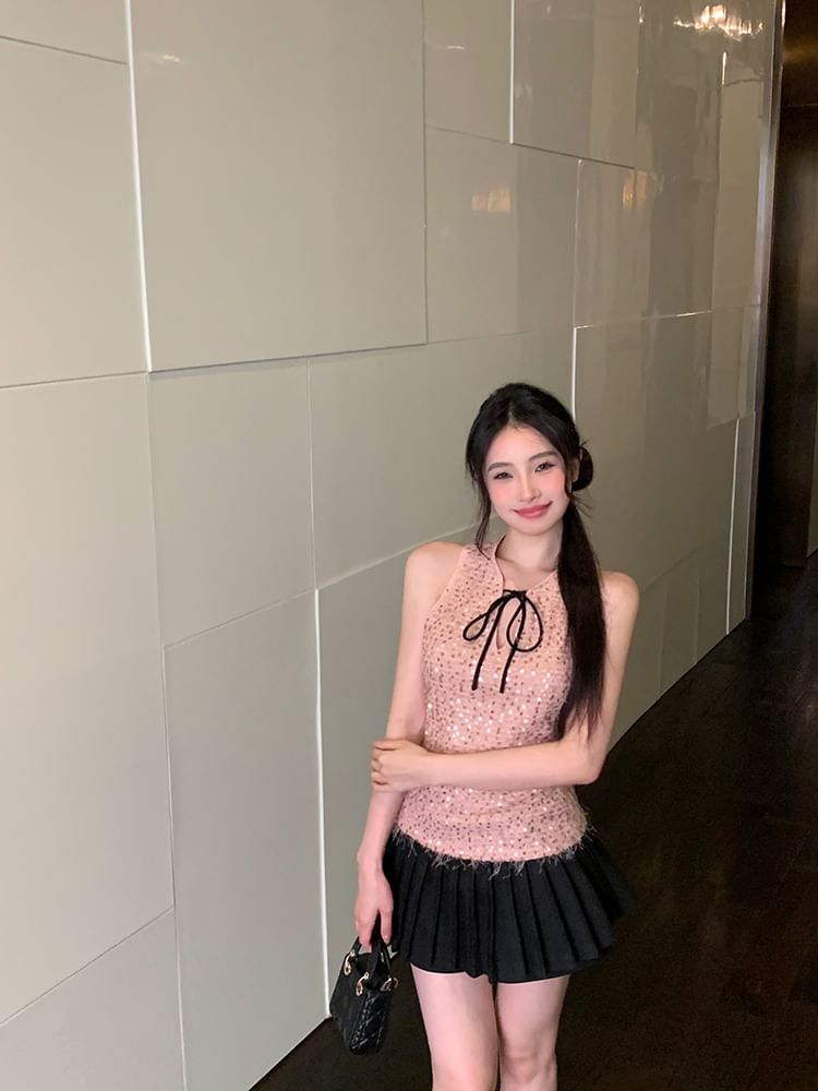 Tie Neck Sleeveless Top Sequin