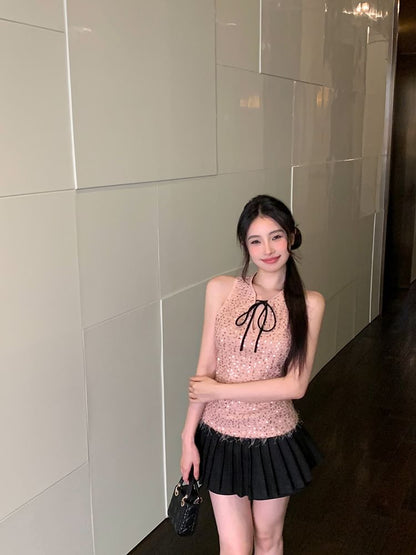 Tie Neck Sleeveless Top Sequin