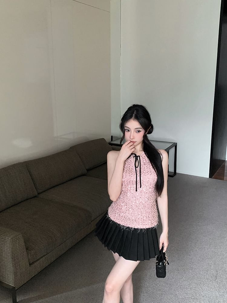 Tie Neck Sleeveless Top Sequin