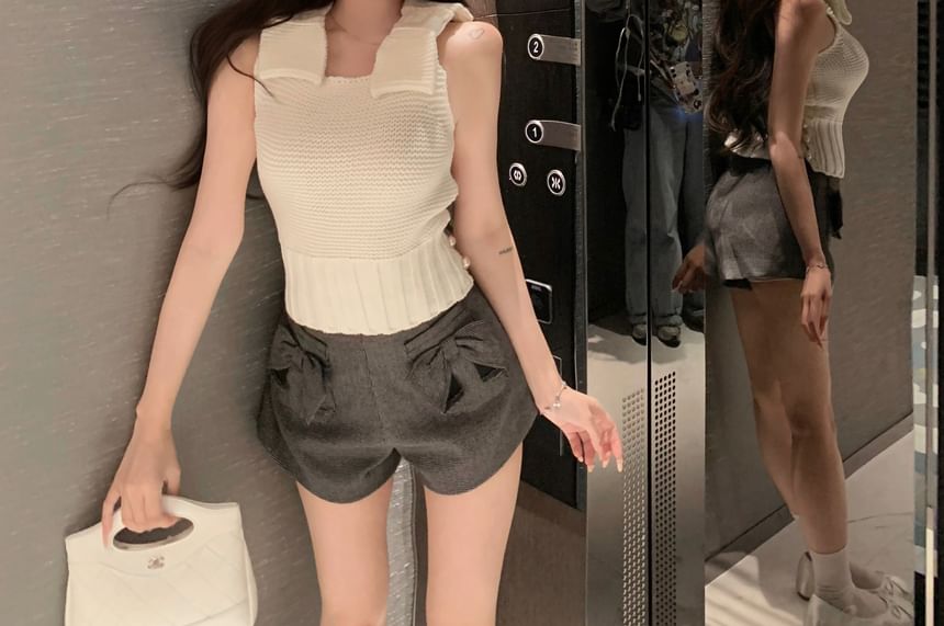 / Bow Plaid Shorts Waist High Knit Plain Camisole Top