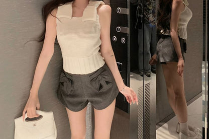 / Bow Plaid Shorts Waist High Knit Plain Camisole Top