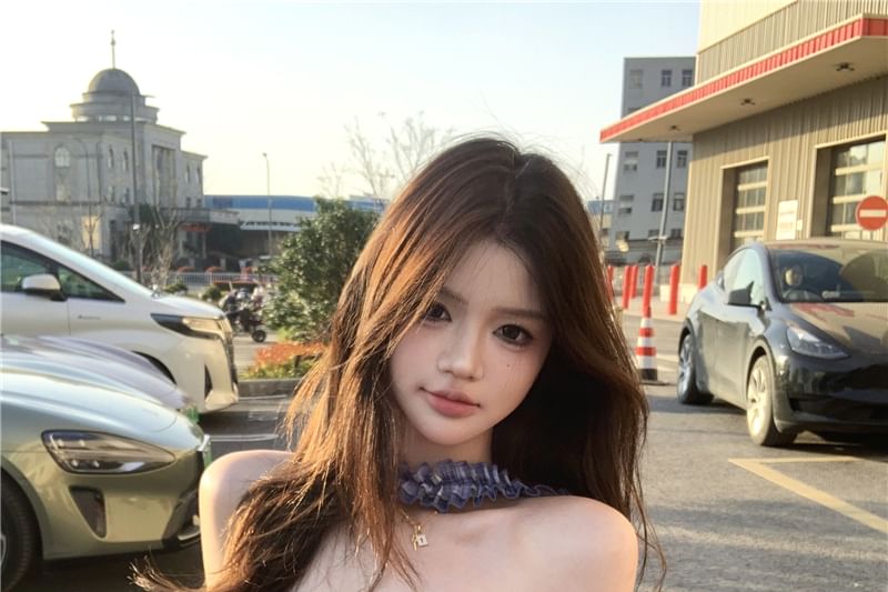 Plain Pants Wide / Leg Frill Tube Rise Mid Plaid Top Bustier Suit