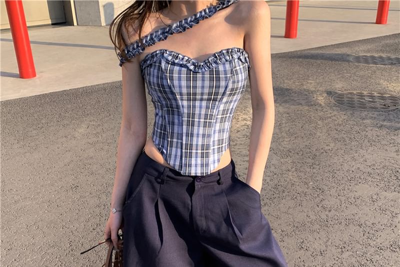 Plain Pants Wide / Leg Frill Tube Rise Mid Plaid Top Bustier Suit