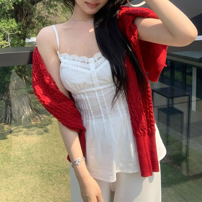Cardigan Plain Panel / Pintuck Top Camisole Lace
