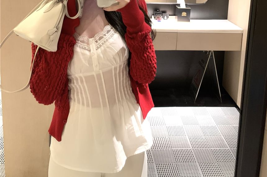 Cardigan Plain Panel / Pintuck Top Camisole Lace