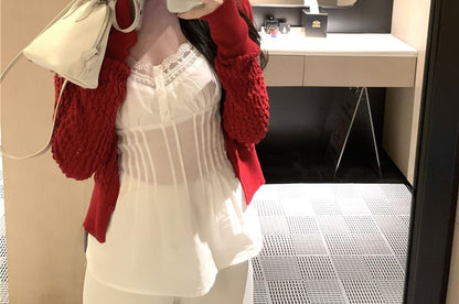 Cardigan Plain Panel / Pintuck Top Camisole Lace