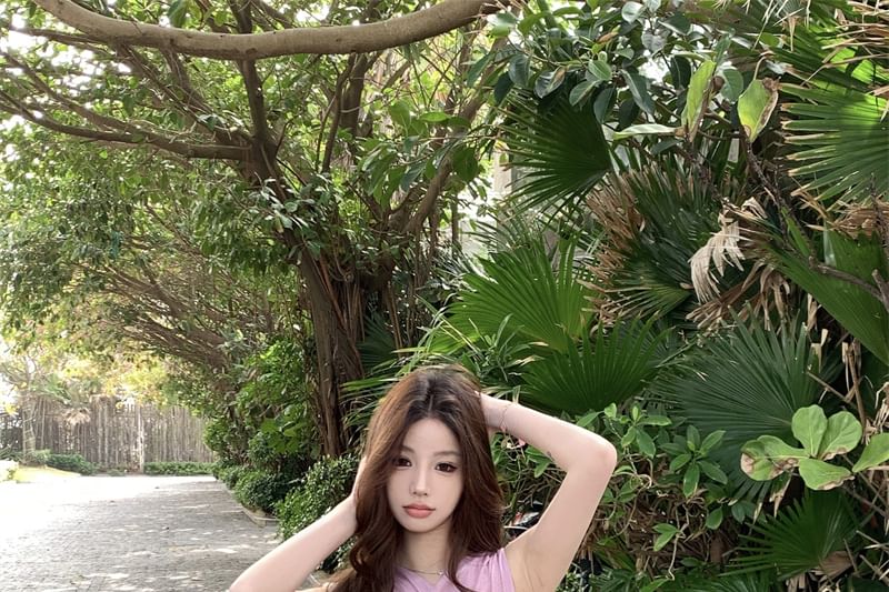 Plain Panel Ruched Bodysuit Top Sleeveless