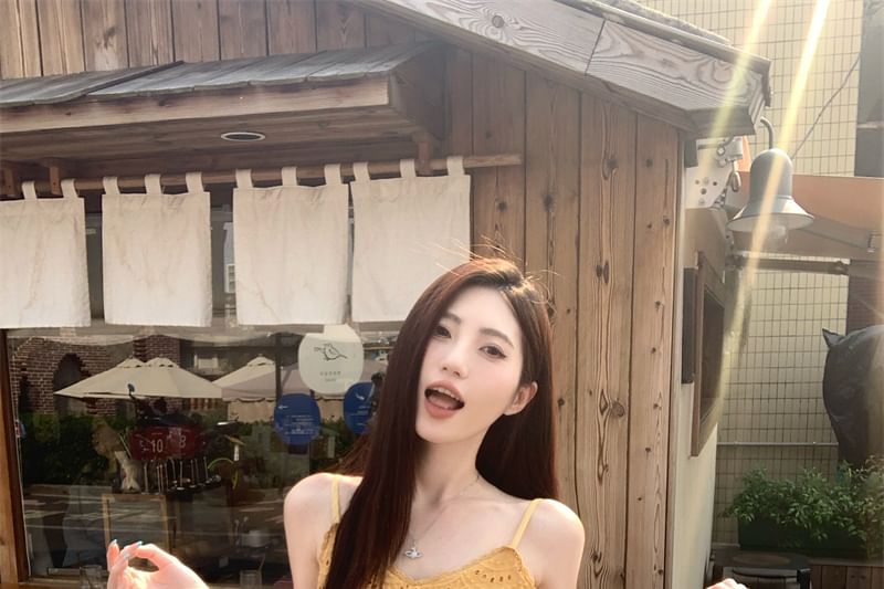 Dress Mini Spaghetti Strap A-Line Eyelet Plain Embroidered