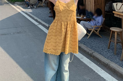 Dress Mini Spaghetti Strap A-Line Eyelet Plain Embroidered