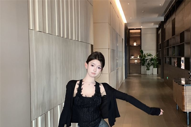 Plaid Pencil / Pinstriped Cardigan Tank Maxi High Scoop Neck Tie-Up Plain Skirt Panel Top Waist Lace