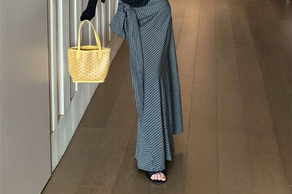 Plaid Pencil / Pinstriped Cardigan Tank Maxi High Scoop Neck Tie-Up Plain Skirt Panel Top Waist Lace