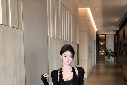 Plaid Pencil / Pinstriped Cardigan Tank Maxi High Scoop Neck Tie-Up Plain Skirt Panel Top Waist Lace