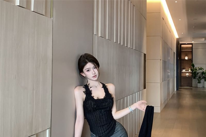 Plaid Pencil / Pinstriped Cardigan Tank Maxi High Scoop Neck Tie-Up Plain Skirt Panel Top Waist Lace