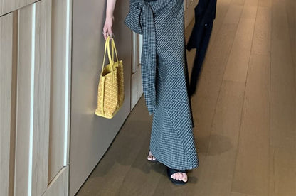 Plaid Pencil / Pinstriped Cardigan Tank Maxi High Scoop Neck Tie-Up Plain Skirt Panel Top Waist Lace