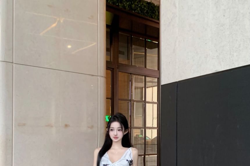 Top Pencil Slit Skirt High Print / Rise Plain V-Neck Floral Maxi Cami