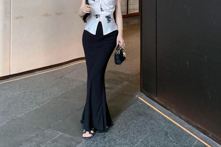 Top Pencil Slit Skirt High Print / Rise Plain V-Neck Floral Maxi Cami