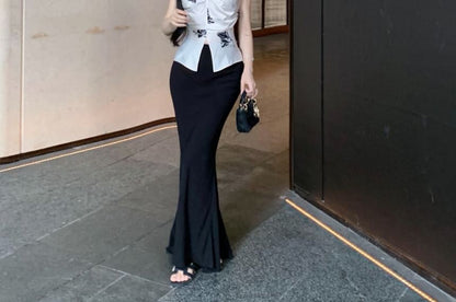 Top Pencil Slit Skirt High Print / Rise Plain V-Neck Floral Maxi Cami