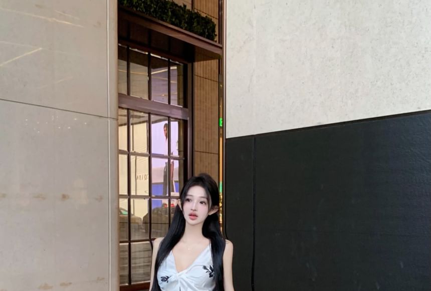 Top Pencil Slit Skirt High Print / Rise Plain V-Neck Floral Maxi Cami