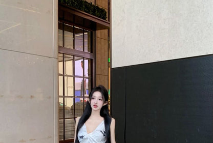 Top Pencil Slit Skirt High Print / Rise Plain V-Neck Floral Maxi Cami