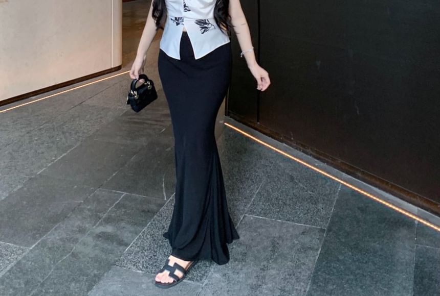 Top Pencil Slit Skirt High Print / Rise Plain V-Neck Floral Maxi Cami