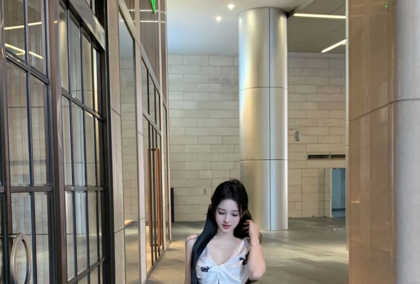 Top Pencil Slit Skirt High Print / Rise Plain V-Neck Floral Maxi Cami