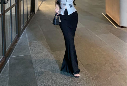 Top Pencil Slit Skirt High Print / Rise Plain V-Neck Floral Maxi Cami