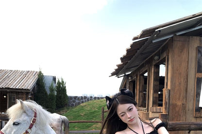 A-Line High Rise Balloon / Mini Plaid Frill Top Cami Dotted Skirt