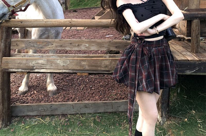 A-Line High Rise Balloon / Mini Plaid Frill Top Cami Dotted Skirt