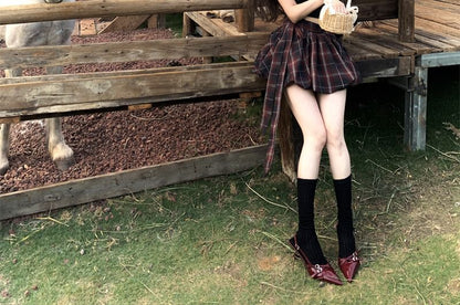 A-Line High Rise Balloon / Mini Plaid Frill Top Cami Dotted Skirt