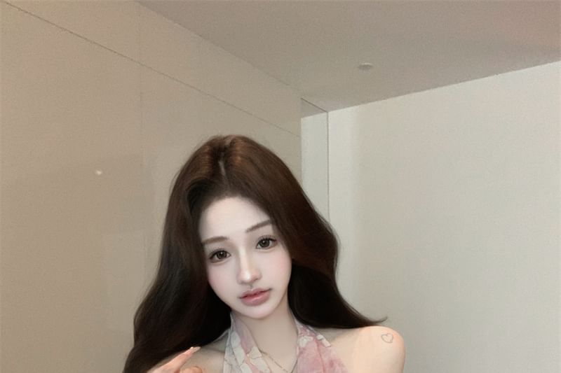 Top Halter Neck Print Cowl Floral