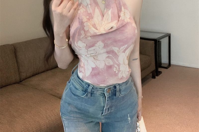 Top Halter Neck Print Cowl Floral