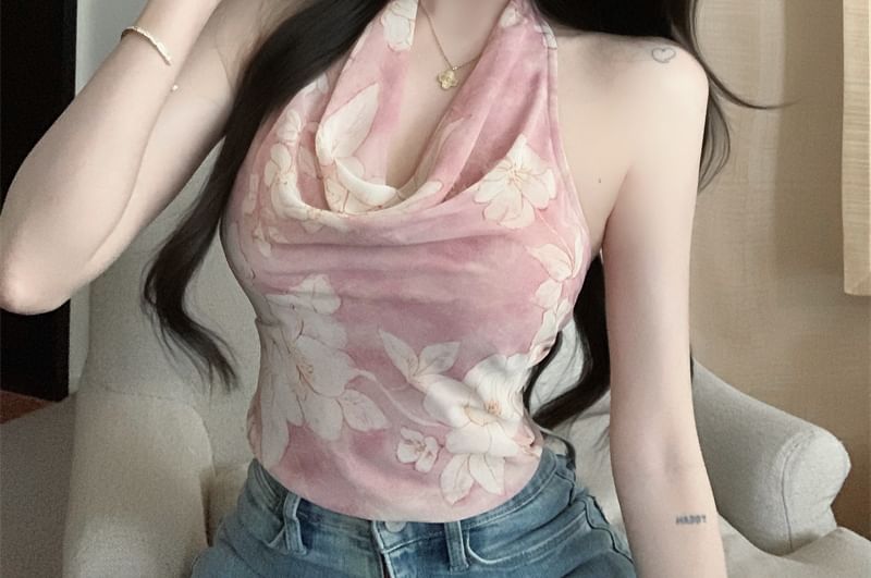 Top Halter Neck Print Cowl Floral