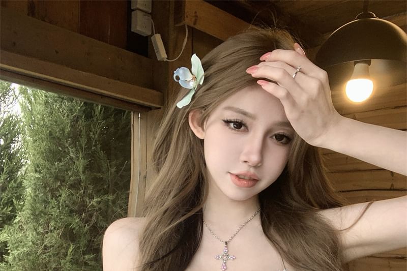 Ruched Lace Top Panel Mesh Tube Trim Crop Floral Applique