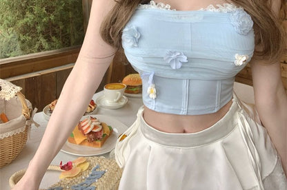 Ruched Lace Top Panel Mesh Tube Trim Crop Floral Applique