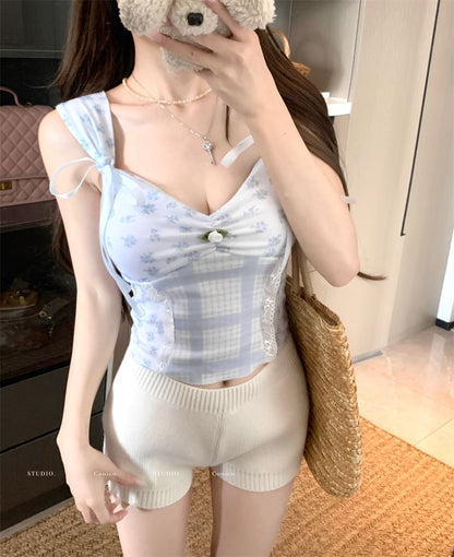 V-Neck Padded Bow Floral Tank Top Panel Print